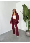 Bordo Tek Düğmeli Blazer Ceket&Palazzo Pantolon İkili Takım