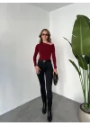 Bordo Tek Omuz Kayık Yaka Büzgülü Parmak Geçirmeli Body Bluz
