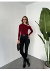 Bordo Tek Omuz Kayık Yaka Büzgülü Parmak Geçirmeli Body Bluz