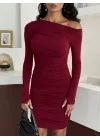 Bordo Tek Omuz Kayık Yaka Büzgülü Parmak Geçirmeli Mini Boy Candy Elbise
