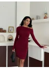 Bordo Tek Omuz Kayık Yaka Büzgülü Parmak Geçirmeli Mini Boy Candy Elbise
