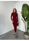 Bordo Vucudu Saran Büzgülü Drapeli Tam Boy Uzun Kollu Candy Elbise