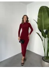 Bordo Vucudu Saran Büzgülü Drapeli Tam Boy Uzun Kollu Candy Elbise