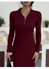 Bordo Yarım Fermuarlı Fitilli Tam Boy Uzun Kollu Midi Elbise