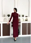 Bordo Yarım Fermuarlı Fitilli Tam Boy Uzun Kollu Midi Elbise