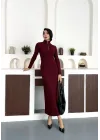 Bordo Yarım Fermuarlı Fitilli Tam Boy Uzun Kollu Midi Elbise