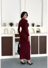 Bordo Yarım Fermuarlı Fitilli Tam Boy Uzun Kollu Midi Elbise