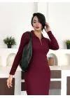 Bordo Yarım Fermuarlı Fitilli Tam Boy Uzun Kollu Midi Elbise