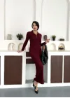 Bordo Yarım Fermuarlı Fitilli Tam Boy Uzun Kollu Midi Elbise