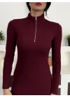 Bordo Yarım Fermuarlı Fitilli Tam Boy Uzun Kollu Midi Elbise