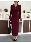 Bordo Yarım Fermuarlı Fitilli Tam Boy Uzun Kollu Midi Elbise