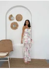Beyaz Çiçek Desenli Straplez Tül Elbise