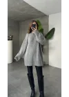 Gri Bisiklet Yaka Tam Salaş Oversize Uzun Triko Kazak