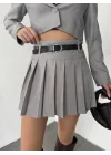 Gri Çizgili Astarlı Şortlu Kemerli Pileli Kışlık Mini Etek