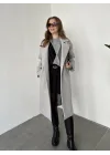 Gri Kruvaze Oversize Premium Kalite Kuşaklı Tam Boy Uzun Kaşe Mont