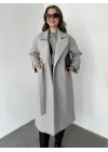 Gri Kruvaze Oversize Premium Kalite Kuşaklı Tam Boy Uzun Kaşe Mont