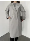 Gri Kruvaze Oversize Premium Kalite Kuşaklı Tam Boy Uzun Kaşe Mont