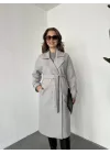 Gri Kruvaze Oversize Premium Kalite Kuşaklı Tam Boy Uzun Kaşe Mont