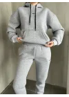 Gri melanj Üç İplik Şardonlu Kapşonlu Sweat Eşofman Takımı