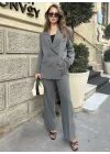 Gri Oversize Kruvaze Ceket Tam Kalıp Palazzo Pantolon Viskon Premium İkili Takım