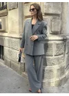 Gri Oversize Kruvaze Ceket Tam Kalıp Palazzo Pantolon Viskon Premium İkili Takım
