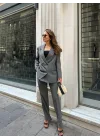 Gri Oversize Kruvaze Ceket Tam Kalıp Palazzo Pantolon Viskon Premium İkili Takım