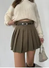 Haki Astarlı Şortlu Kemerli Pileli Kışlık Mini Etek