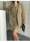 Haki Double Yelek-Etek & Blazer Ceket Üçlü Set Takım