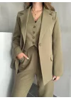 Haki Double Yelek-Pantolon-Blazer Ceket 3lü Set Takım