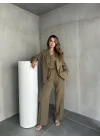 Haki Double Yelek-Pantolon-Blazer Ceket 3lü Set Takım