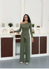 Haki Kayık Yaka Asimetrit Kesim Bluz İspanyol Paça Pantolon İkili Takım