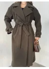 Haki Kruvaze Oversize Premium Kalite Kuşaklı Tam Boy Uzun Kaşe Mont