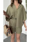 Haki Oversize Keten Şort & Gömlek İkili Takım
