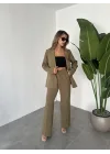 Haki Tek Düğmeli Blazer Ceket&Palazzo Pantolon İkili Takım