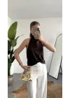 Kadıın Kahverengi Degaje Yaka Sırt Dekolteli Saten Bluz