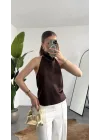 Kadıın Kahverengi Degaje Yaka Sırt Dekolteli Saten Bluz