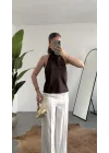 Kadıın Kahverengi Degaje Yaka Sırt Dekolteli Saten Bluz