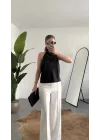 Kadıın Siyah Degaje Yaka Sırt Dekolteli Saten Bluz