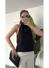 Kadıın Siyah Degaje Yaka Sırt Dekolteli Saten Bluz