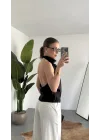 Kadıın Siyah Degaje Yaka Sırt Dekolteli Saten Bluz