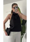 Kadıın Siyah Degaje Yaka Sırt Dekolteli Saten Bluz
