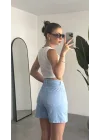 Kadın Açık Mavi Yüksek Bel Jean Likralı Esnek Şort – Basic Denim Şort Günlük Rahat Kalıp Yazlık Kot Şort