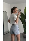 Kadın Açık Mavi Yüksek Bel Jean Şort – Basic Denim Şort Günlük Rahat Kalıp Yazlık Kot Şort