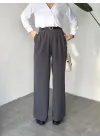 Kadın Antrasit Pileli Yüksek Bel Bol Paça Ekstra Bol Palazzo Kumaş Pantolon