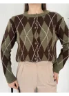 Kadın Baklava Desenli Düğmeli Triko Hırka Haki Kahverengi