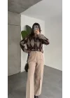 Kadın Baklava Desenli Düğmeli Triko Hırka Kahverengi Haki