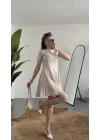 Kadın Bej Keten Görünümlü Kısa Kol Mini Elbise Bisiklet Yaka Fit & Flare Kadın Elbise