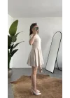 Kadın Bej Keten Görünümlü Kısa Kol Mini Elbise Bisiklet Yaka Fit & Flare Kadın Elbise