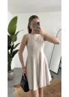 Kadın Bej Keten Görünümlü Kolsuz Mini Elbise Bisiklet Yaka Fit & Flare Kadın Elbise