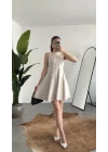 Kadın Bej Keten Görünümlü Kolsuz Mini Elbise Bisiklet Yaka Fit & Flare Kadın Elbise